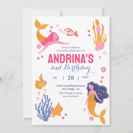 Cute Mermaid Birthday Invitation Kaart (Voorkant)