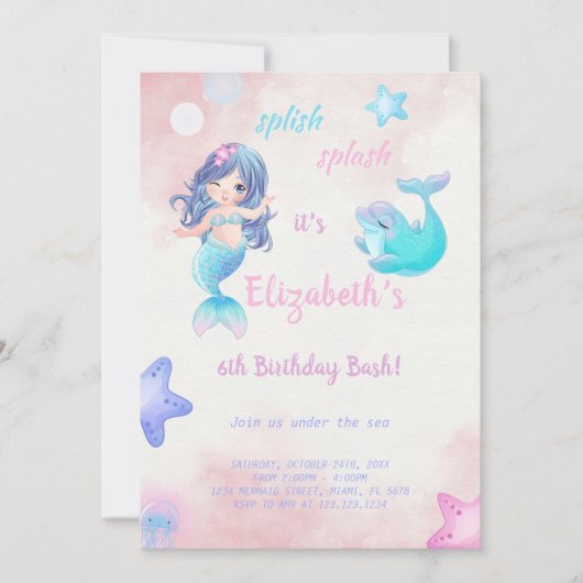 Cute Mermaid Birthday Invitation Kaart (Voorkant)