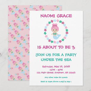 Cute Mermaid Birthday Invitation Pink Patroon Kaart