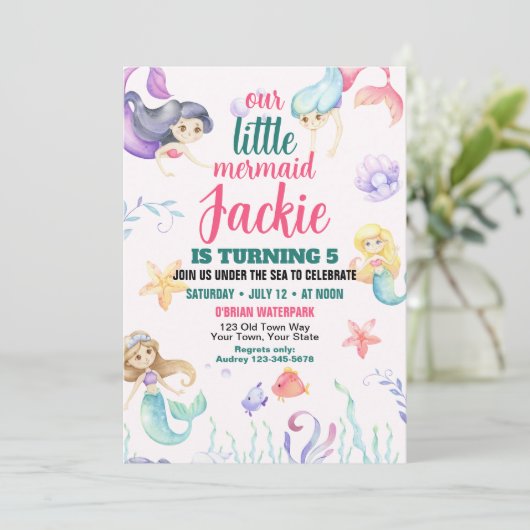 Cute Mermaid Birthday Party Invitation Kaart (Staand voorkant)