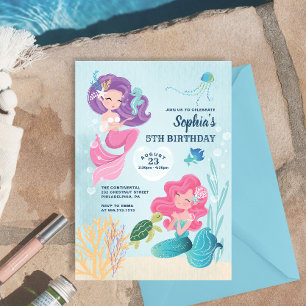 Cute Mermaid Birthday Party Invitation Kaart