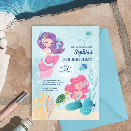 Cute Mermaid Birthday Party Invitation Kaart