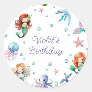 Cute Mermaid Birthday Party Ronde Sticker
