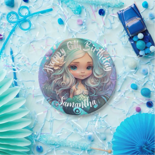 Cute Mermaid Blue Ocean Papieren Bordje (Feest)