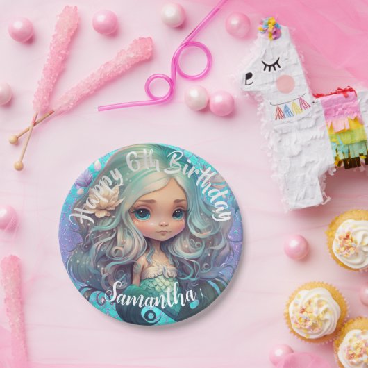 Cute Mermaid Blue Ocean Papieren Bordje (Feest)