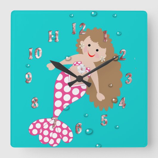 Cute Mermaid Decor Wall Clock Vierkante Klok (Voorkant)