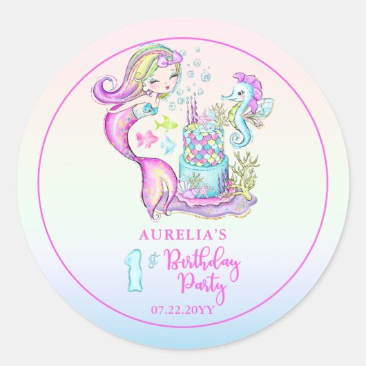 Cute Mermaid | Eerste verjaardag van Zee Girl Ronde Sticker (Voorkant)