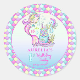 Cute Mermaid   Eerste verjaardag van Zee Girl Ronde Sticker