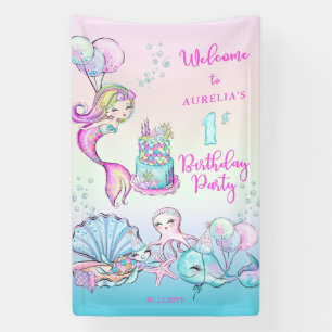 Cute Mermaid   Eerste verjaardag van Zee Girl Spandoek