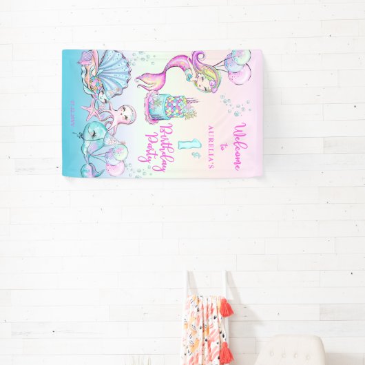 Cute Mermaid | Eerste verjaardag van Zee Girl Spandoek (Insitu)