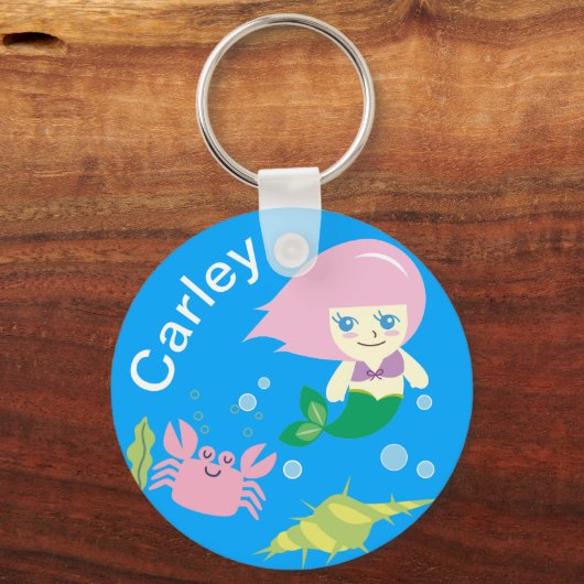 Cute Mermaid en Crab Personalized Sleutelhanger (Voorkant)