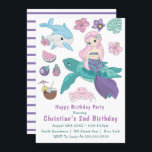 Cute Mermaid en Friends 2e verjaardag Uitnodiginge<br><div class="desc">Je zult van deze schattige zeemeermin houden die op een schildpad zit,  roze krab,  blauwe dolfijn met eten en bloemen in roze en blauwgroen. Dit is erg kleurrijk en schattig.</div>