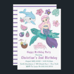 Cute Mermaid en Friends 2e verjaardag Uitnodiginge<br><div class="desc">Je zult van deze schattige zeemeermin houden die op een schildpad zit,  roze krab,  blauwe dolfijn met eten en bloemen in roze en blauwgroen. Dit is erg kleurrijk en schattig.</div>