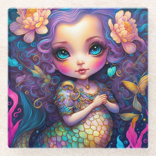 Cute Mermaid Fantasy Art Glazen Onderzetter (Voorkant)