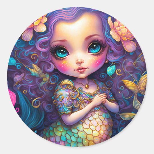 Cute Mermaid Fantasy Art Ronde Sticker (Voorkant)