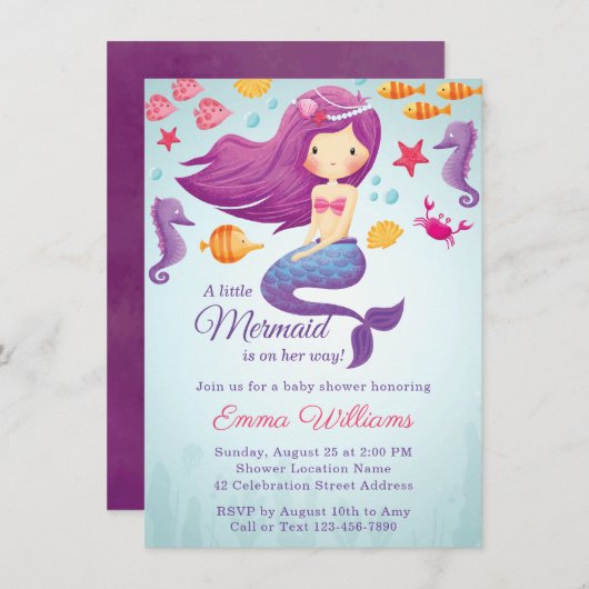 Cute Mermaid Girl Baby shower Invitation - Paars Kaart (Voorkant / Achterkant)