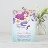 Cute Mermaid Girl Baby shower Invitation - Paars Kaart (Staand voorkant)