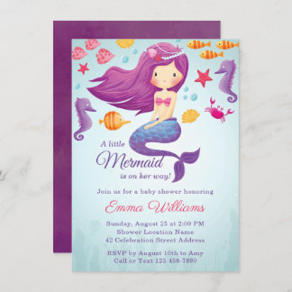 Cute Mermaid Girl Baby shower Invitation - Paars Kaart