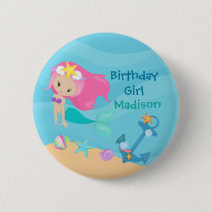 Cute Mermaid Girl Beach Birthday Party Custom Ronde Button 5,7 Cm