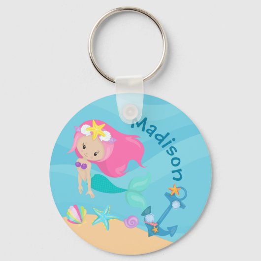 Cute Mermaid Girl Beach Birthday Party Custom Sleutelhanger (Voorkant)