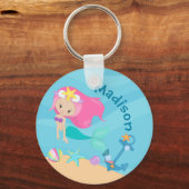 Cute Mermaid Girl Beach Birthday Party Custom Sleutelhanger (Voorkant)
