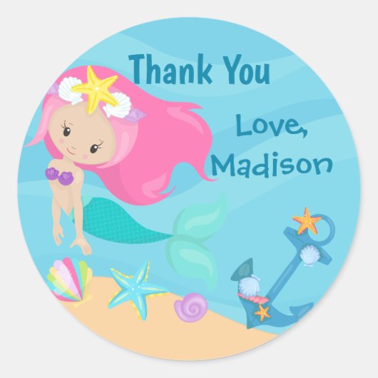 Cute Mermaid Girl Beach Custom Kinderen Birthday P Ronde Sticker (Voorkant)