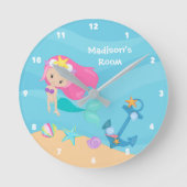 Cute Mermaid Girl Beach House Personated Kinder Ronde Klok (Voorkant)