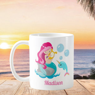 Cute Mermaid Girl Beach Narwhal Monogram Kinder Koffiemok