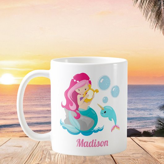 Cute Mermaid Girl Beach Narwhal Monogram Kinder Koffiemok