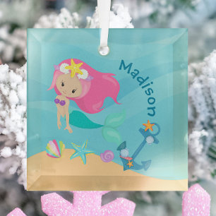 Cute Mermaid Girl Beach Persoonlijk kerstfeest Glas Ornament