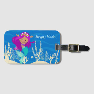 Cute Mermaid Girl Blue Ocean Kinder Monogram Bagagelabel