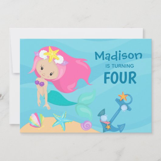 Cute Mermaid Girl Custom Birthday Party Invitation Kaart (Voorkant)