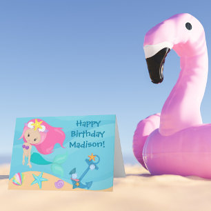 Cute Mermaid Girl Custom Kinder Beach Happy Birthd Kaart