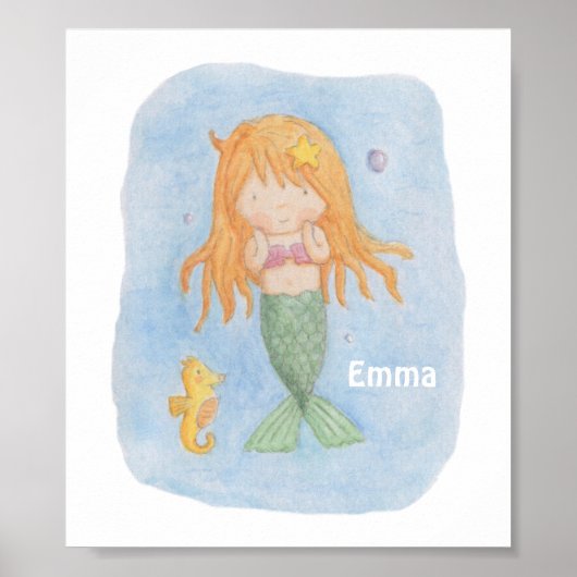 Cute Mermaid Girl en Seahorse Print Poster (Voorkant)