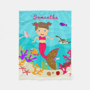 Cute Mermaid Girl in Colorful Ocean Fleece Deken
