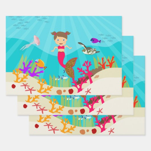Cute Mermaid Girl in Colorful Ocean Inpakpapier Vel (Set)