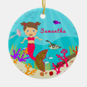 Cute Mermaid Girl in Colorful Ocean Keramisch Ornament