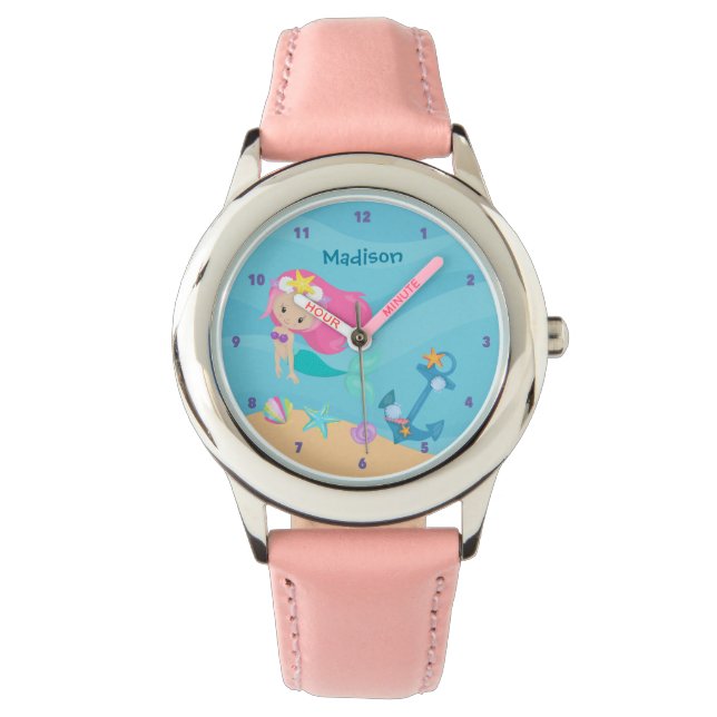 Cute Mermaid Girl Personalized Beach Kinder Name Horloge (Voorkant)