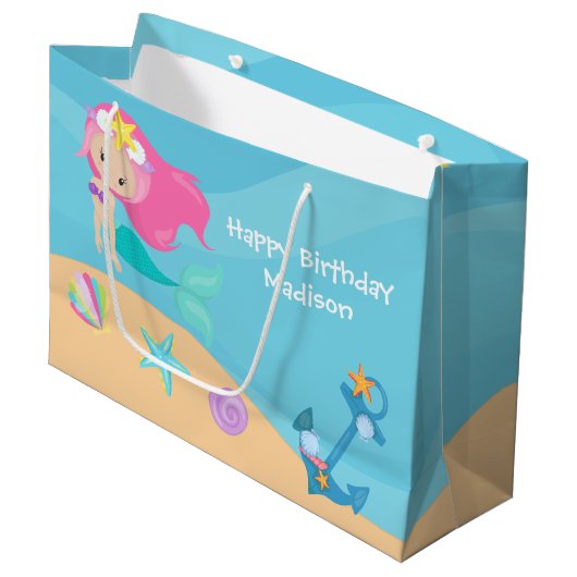 Cute Mermaid Girl Personalized Summer Birthday Groot Cadeauzakje (Voorkant Gekanteld)
