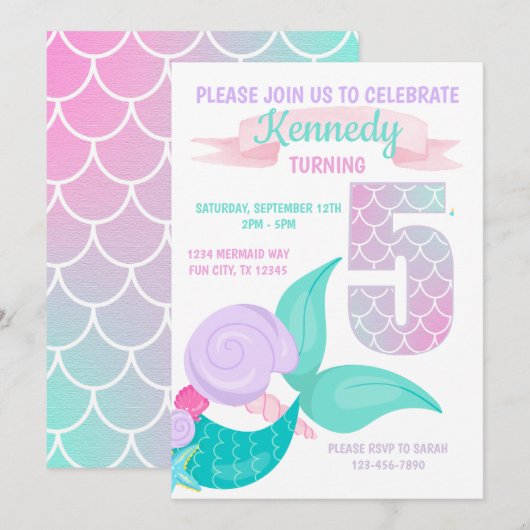 Cute Mermaid Girls 5th Birthday Party Invitation Kaart (Voorkant / Achterkant)