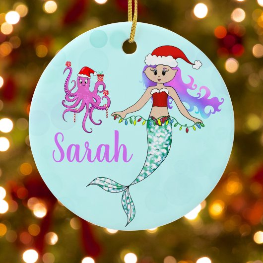 Cute Mermaid Holding met kerstlampnaam Keramisch Ornament