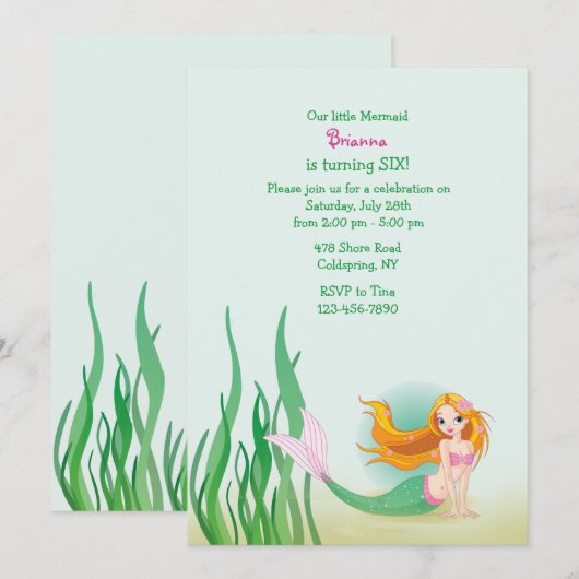 Cute Mermaid Invitation Kaart (Voorkant / Achterkant)