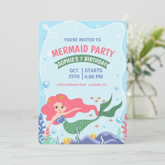 Cute Mermaid Invitation, onder het Zee van de verj Kaart (Staand voorkant)