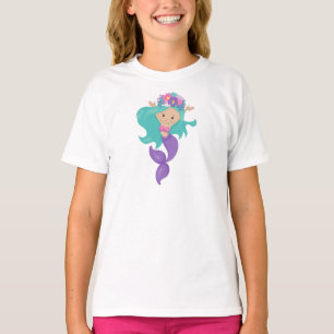 Cute Mermaid, Little Mermaid, Blue Hair, Flowers T-shirt