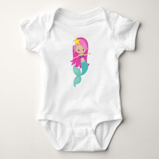 Cute Mermaid, Little Mermaid, Pink Hair, Starfish Romper (Voorkant)