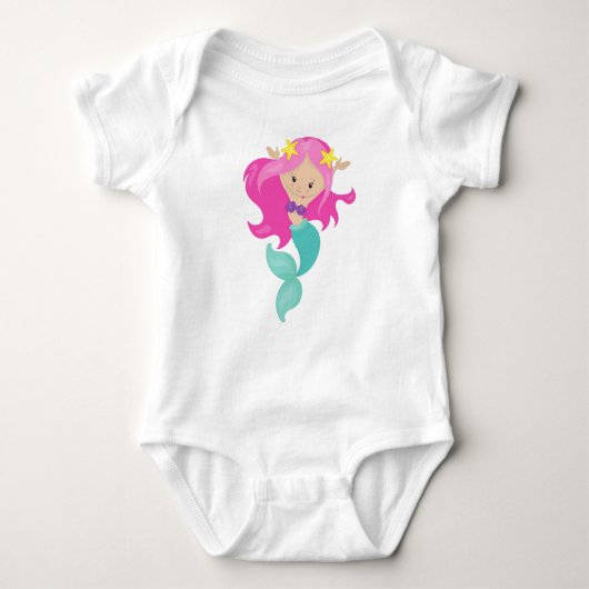 Cute Mermaid, Little Mermaid, Starfish, Pink Hair Romper (Voorkant)