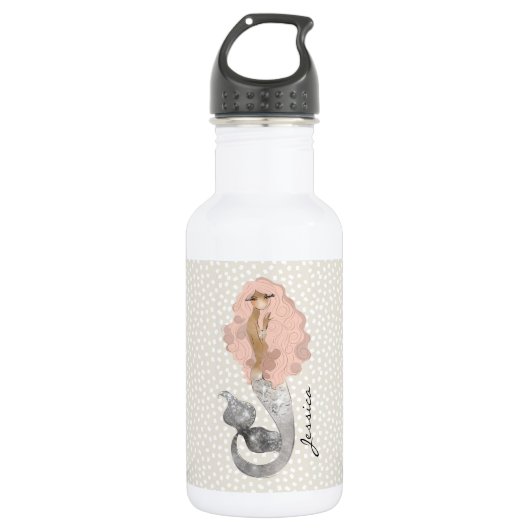 Cute Mermaid met roze haar en Jouw naam Waterfles (Voorkant)