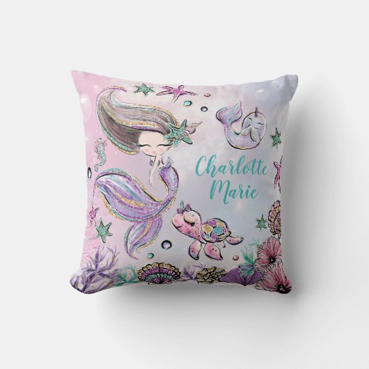Cute Mermaid met Turtle and Narwhal Girl Nursery Kussen (Voorkant)