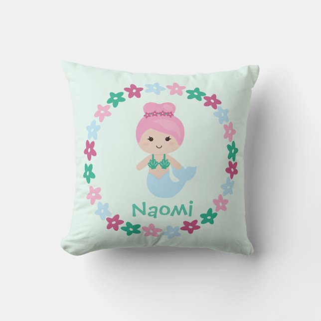 Cute Mermaid Name Pillow Mint Green and Pink Kussen (Voorkant)