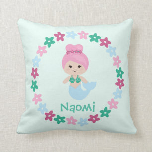 Cute Mermaid Name Pillow Mint Green and Pink Kussen